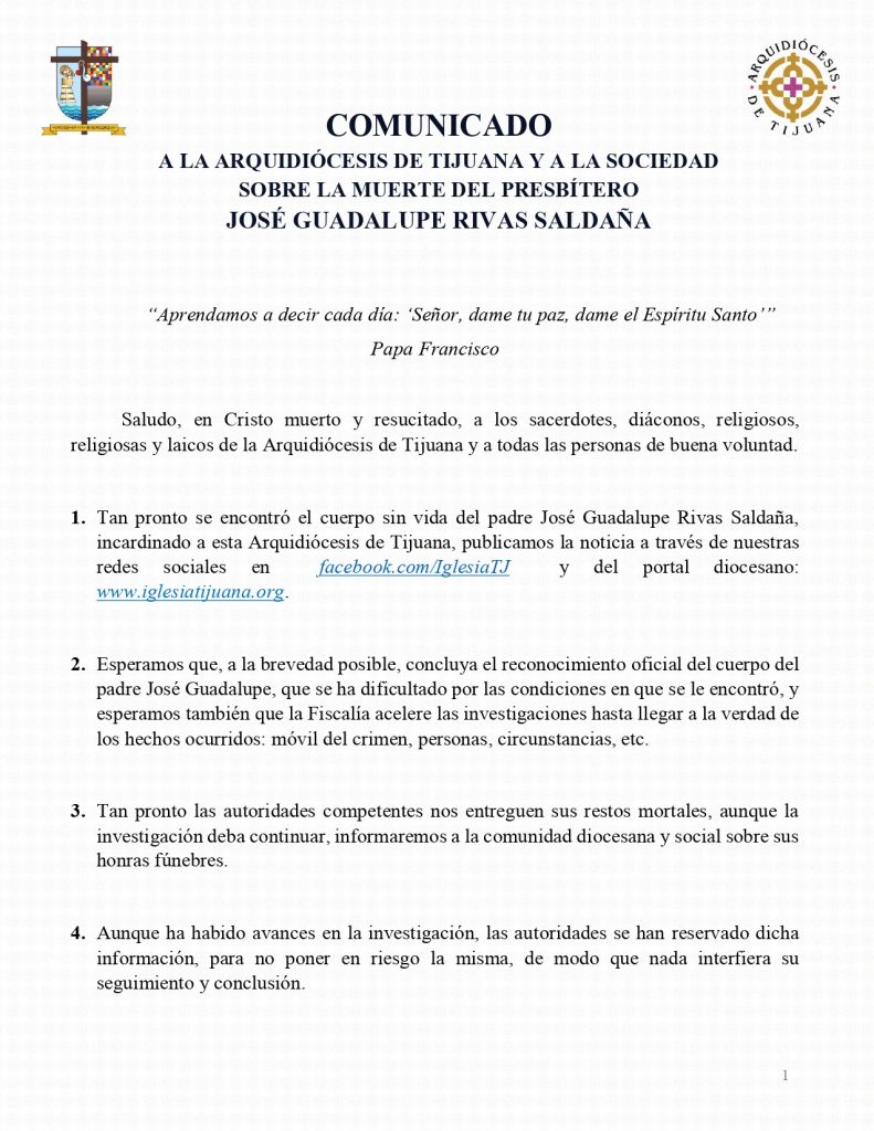 Comunicado A La ArquidiÓcesis De Tijuana Y A La Sociedad Sobre La Muerte Del PresbÍtero JosÉ 1375